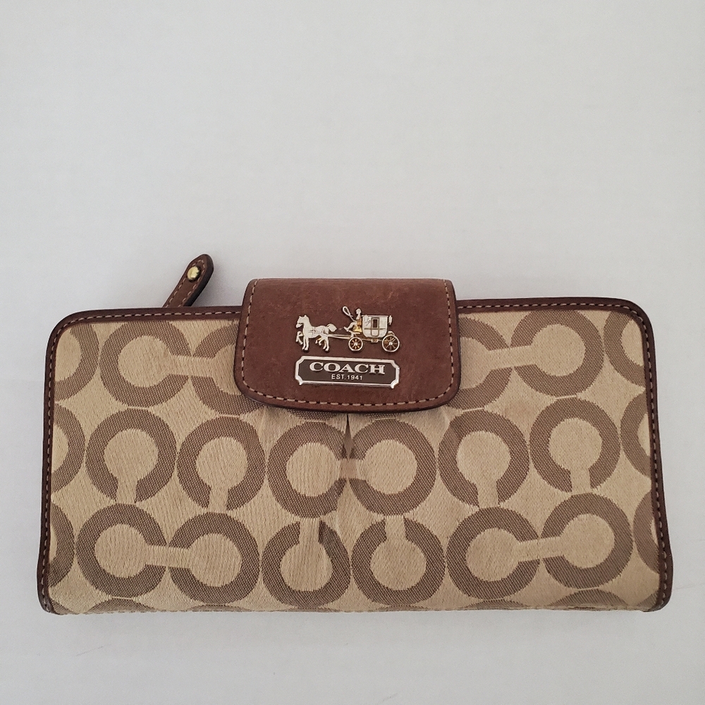 Coach Horse Carriage Madison Op Art Sateen Brown Wallet Checkbook